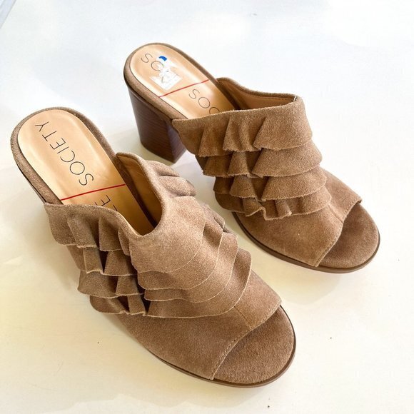 Sole Society‎ Shoes Frannie Ruffle Block Heel Mules Suede Leather Taupe Size 7 - Picture 1 of 8